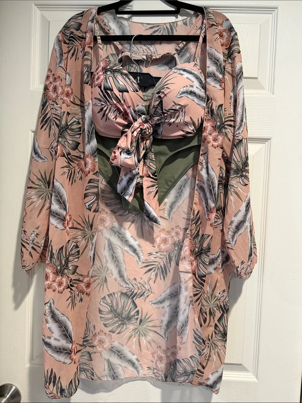 Tropical Print Bikini Set with Cover-Up - Peach Floral